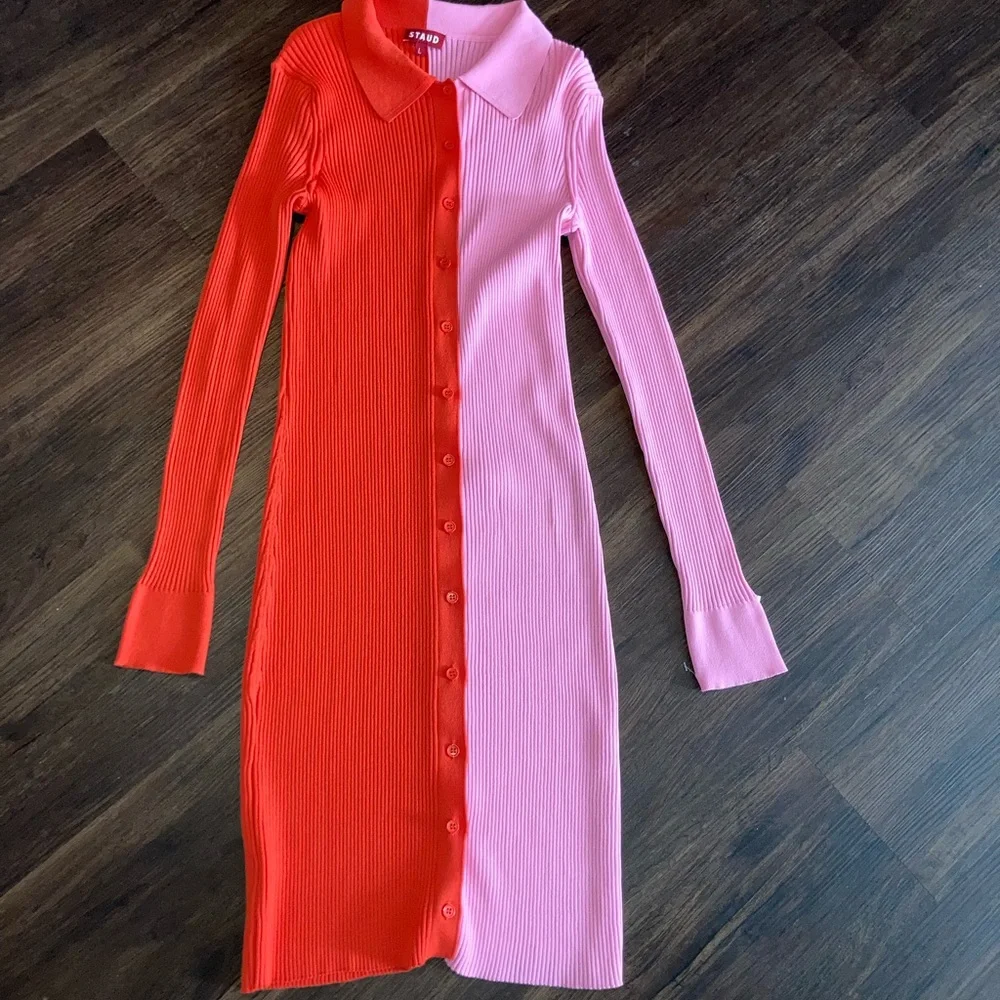 Staud Pink and red Colorblock Long Sleeve Dress with buttons size L - Picture 2 of 5